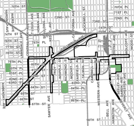 79th/Southwest Highway TIF district, roughly bounded on the north by 75th Street, 87th Street on the south, Wood Street on the east, and Komensky Avenue on the west.